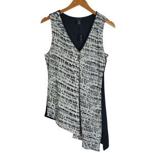 WHBM Tank Top Womens M Black White Print Sleeveless Asymmetrical Date Tunic NEW